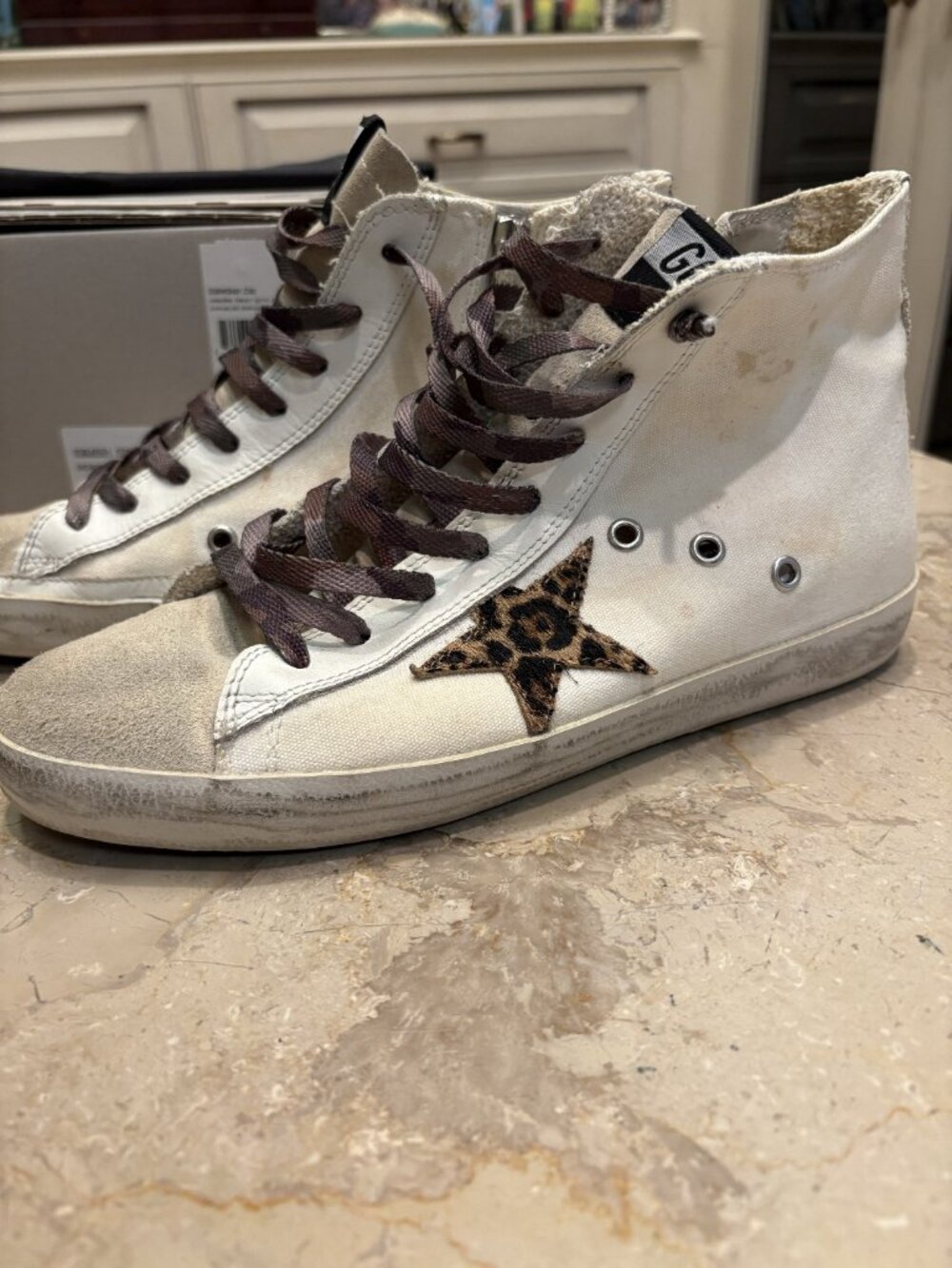 GOLDEN GOOSE FRANCY HIGH TOP SNEAKERS - Size 9B/39EU - White Canvas/Camo Laces - Picture 4 of 5